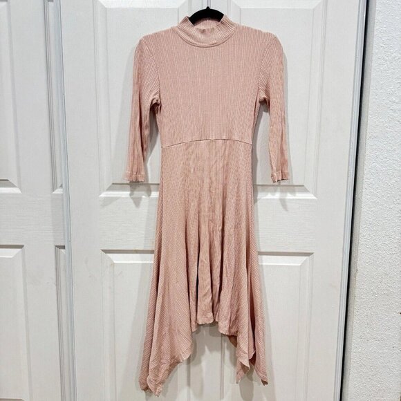 Anthropologie‎ Ribbed Knit Midi Dress Light Pink Asymmetrical Mock Small - Picture 3 of 8